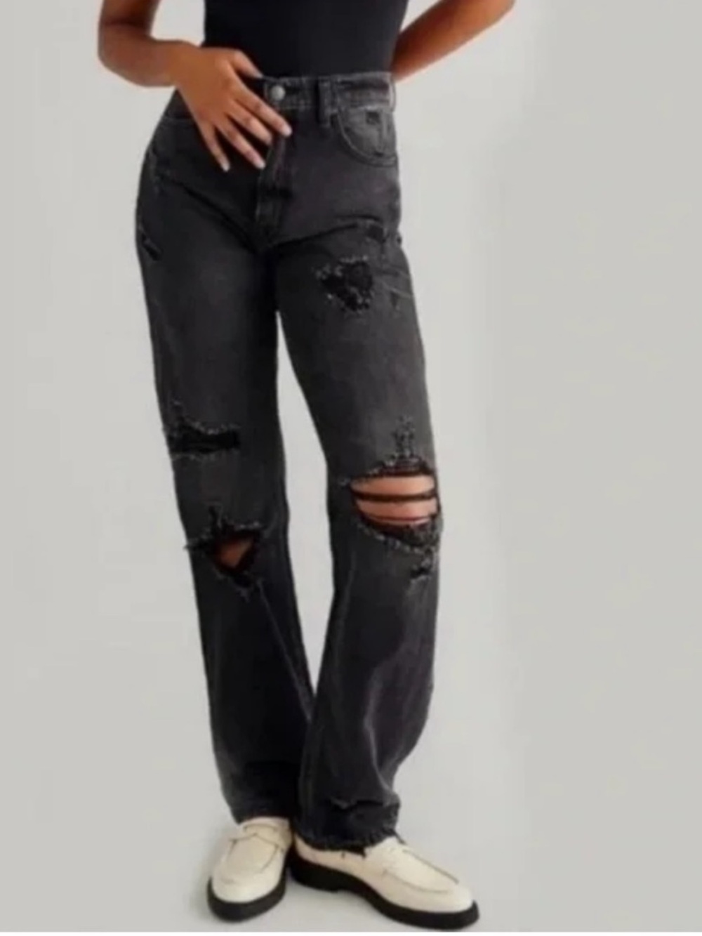We The Free Distressed Straight Leg CRVY High Rise Jeans Black 29